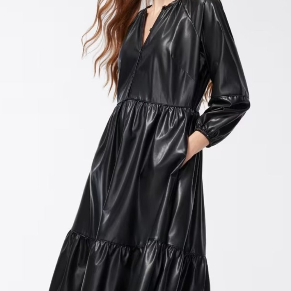 CHICO'S Pleather Faux Leather Tiered Midi Dress Size 6 or .5